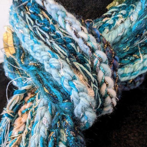 Teal Gold Aqua Ivory Handmade Fringe Scarf!! New Made By Lola - Picture 3 of 10